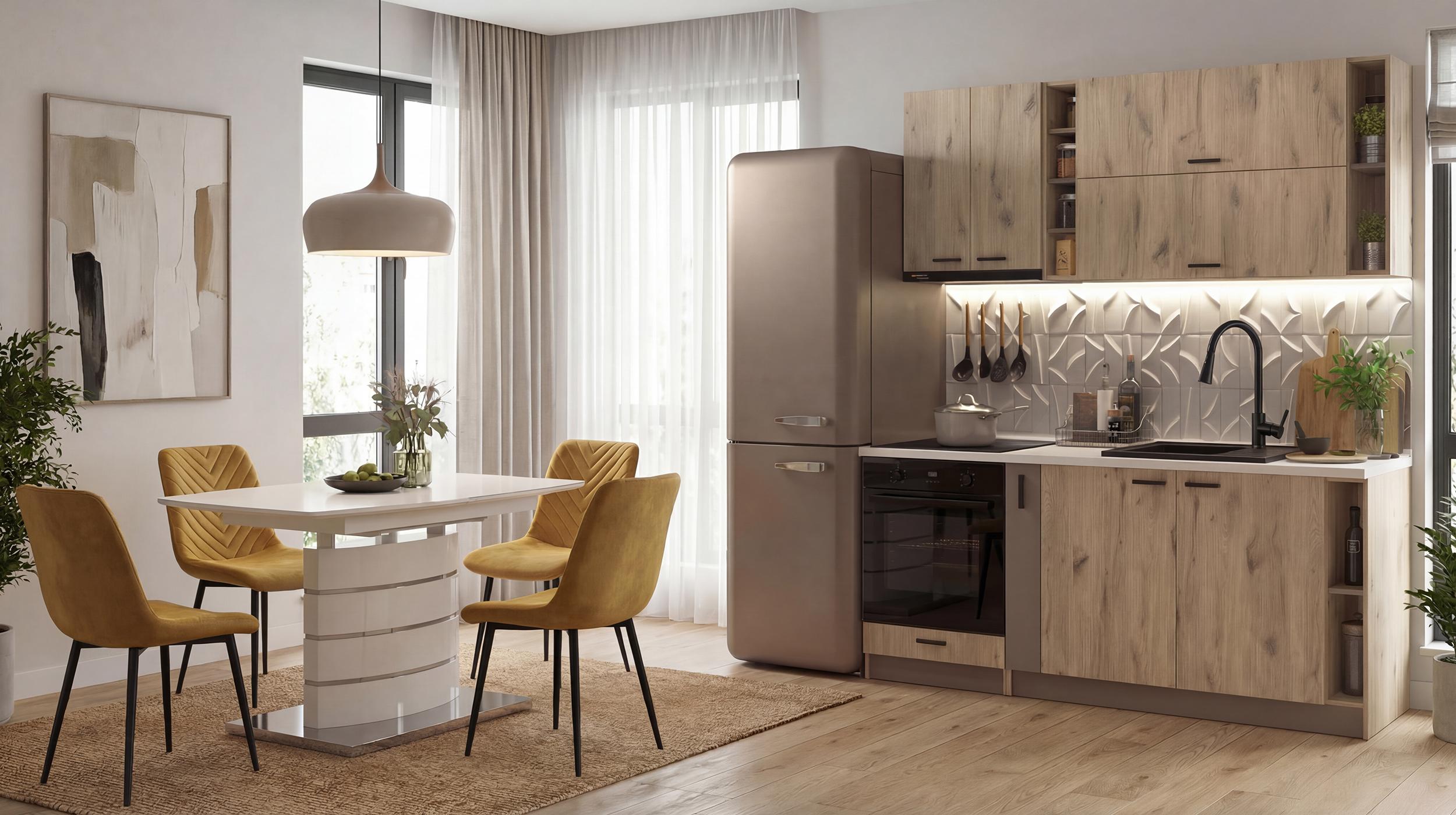 Set de bucatarie Misara, latte + stejar scandinav deschis + alb lucios + mustar  1